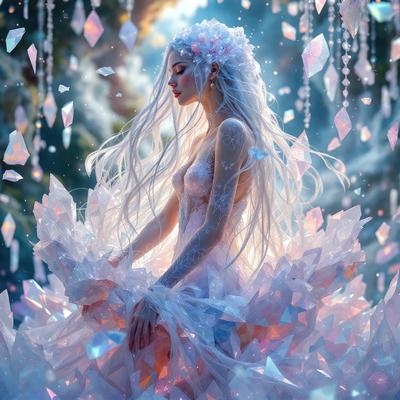 The primary subject of the image is a woman wearing a white dress, with her hair flowing down her back. She is sitting in a beautiful, colorful environment, surrounded by a variety of crystals and gems. The visual style of the image is a combination of digital art and illustration, creating a vibrant and luminous atmosphere. The colors and mood of the image are predominantly pink and white, giving it a soft and dreamy quality.